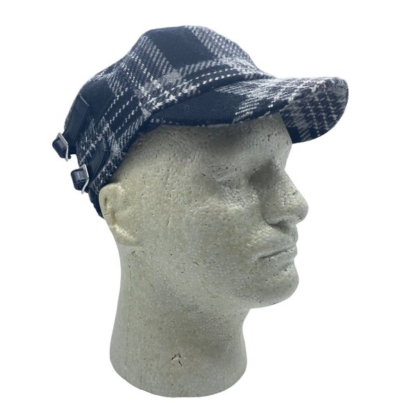 New York & Company Plaid Wool Blend Newsboy Cap Women S/M Side Buckles Black - Picture 2 of 6